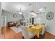 Bright dining room with hardwood floors, stylish chandeliers, and comfortable seating at 1077 Captains Way, Tarpon Springs, FL 34689