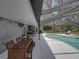 Screened-in pool and patio featuring a dining area, seating area, and sparkling swimming pool at 17515 Drake Ct, Lutz, FL 33559