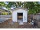 Outbuilding with open door, surrounded by trees and a partial view of the pool area at 17815 Cranbrook Dr, Lutz, FL 33549