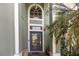 Elegant front entryway showcasing a decorative glass door, columns, and lush landscaping at 11102 Avery Oaks Dr, Tampa, FL 33625