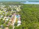 Aerial view of homes adjacent to a lush green forest and close to a body of water at 1144 Lanyard St, Palm Harbor, FL 34685