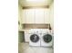 Well-equipped laundry room with white washer and dryer, overhead cabinets, and a built-in countertop at 1257 Lyndhurst Greens Dr, Sun City Center, FL 33573