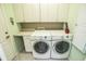 Well-equipped laundry room with white washer and dryer, overhead cabinets, and a built-in countertop at 1257 Lyndhurst Greens Dr, Sun City Center, FL 33573