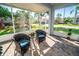 Inviting screened porch features brick flooring and comfortable seating with a view of the landscaped yard at 1257 Lyndhurst Greens Dr, Sun City Center, FL 33573