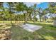 Outdoor basketball court in the backyard surrounded by lush greenery and mature trees for a private setting at 27477 Old Trilby Rd, Brooksville, FL 34602