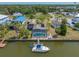 Aerial view of a waterfront property with a private dock and a screened-in pool at 4124 Pine Dale Ct, Hernando Beach, FL 34607