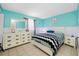 Light bedroom with a white dresser and nightstands, complemented by a blue accent wall at 4124 Pine Dale Ct, Hernando Beach, FL 34607