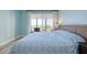 Bright bedroom with a view, featuring wood floors and a patterned comforter on the bed at 7872 Sailboat Key S Blvd # 306, South Pasadena, FL 33707