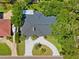 An aerial view captures the unique roof of a home with a beautiful winding driveway and surrounding greenery at 8231 31St N Ter, St Petersburg, FL 33710
