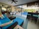 Relaxing covered patio featuring comfortable seating, a bar area, and a refreshing pool, creating an ideal outdoor retreat at 8317 Needles Dr, Hudson, FL 34667