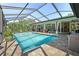 A full view of the screened-in pool with a covered lanai and outdoor seating at 9072 Baywood Park Dr, Seminole, FL 33777