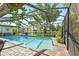 Clear view of the pool area with a screened-in enclosure, beautiful water view and mature landscaping at 9072 Baywood Park Dr, Seminole, FL 33777