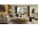Bright living room featuring comfortable seating, stylish decor, and large windows with natural light at 9645 Runaway Breeze Dr, Land O Lakes, FL 34637