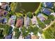 Overhead view of houses with pools and lake access, nestled among mature trees and landscaping at 10141 Deercliff Dr, Tampa, FL 33647