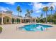 Resort pool with an outdoor seating area, palm trees, and an elegant clubhouse at 10141 Deercliff Dr, Tampa, FL 33647
