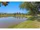 Scenic water view of a calm lake lined with manicured lawns and charming residential homes at 10141 Deercliff Dr, Tampa, FL 33647