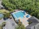 Aerial view of community pool with ample space, umbrellas, and greenery for relaxing, surrounded by palm trees and parking at 10503 Dotham Ct, Tampa, FL 33626