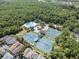 Aerial view of pristine community tennis courts surrounded by lush greenery and close to the pool, offering an active lifestyle at 10503 Dotham Ct, Tampa, FL 33626