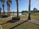Scenic backyard view showcasing a tranquil pond, lush landscaping, and beautiful palm trees on a sunny day at 1112 Jasmine Creek Ct, Sun City Center, FL 33573