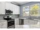 Modern kitchen with stainless steel appliances, granite countertops, and light grey backsplash at 11442 Crowned Sparrow Ln, Tampa, FL 33626