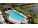 A community pool with lounge chairs and umbrellas surrounded by lush landscaping at 11442 Crowned Sparrow Ln, Tampa, FL 33626