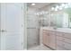 Upgraded bathroom with frameless glass shower and light wood cabinets with granite countertop at 1231 Corinth Greens Dr, Sun City Center, FL 33573