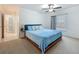 Bright bedroom with blue bedding, ceiling fan, neutral carpet, and natural light from the window at 1241 N Mcmullen Booth Rd, Clearwater, FL 33759