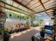 Covered patio with a variety of plants, outdoor furniture, and filtered sunlight at 1241 N Mcmullen Booth Rd, Clearwater, FL 33759