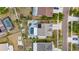 Aerial view displays the property's layout with a screened pool, complemented by landscaping and a driveway with parked car at 221 Lakeway Ln, Apollo Beach, FL 33572