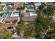 An aerial view of a neighborhood home with pool and green landscaping in the fenced backyard at 843 37Th Ne Ave, St Petersburg, FL 33704