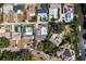Overhead view of houses featuring private pools and boat docks lining a calm canal with lush greenery and mature trees at 843 37Th Ne Ave, St Petersburg, FL 33704