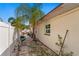 Side yard with a narrow walkway and palm trees next to a white fence at 843 37Th Ne Ave, St Petersburg, FL 33704