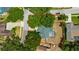 Aerial view of backyard features in-ground pool and mature trees surround the perimeter at 18238 Clear Lake Dr, Lutz, FL 33548