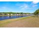 Picturesque view of the lakefront property with well-manicured lawn and lush landscaping at 19505 Morden Blush Dr, Lutz, FL 33558
