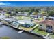 An aerial view of a waterfront property with a well-maintained backyard, including a dock and a cozy outdoor seating area at 352 79Th Ne Ave, St Petersburg, FL 33702