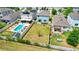 Aerial view showcasing backyard space with adjacent neighbor's pool and patio area at 6648 Seaway Dr, Brooksville, FL 34604