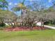 Well-maintained front yard with mature trees, mulch beds, and lush green grass at 6938 Coronet Dr, New Port Richey, FL 34655