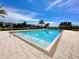 Sparkling community pool with a clear blue sky surrounded by a black fence and palm trees at 105 Blue Alice Spring Ct, Ruskin, FL 33570