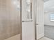 Modern tiled shower with a glass door and a view into the carpeted bedroom at 13631 Sunlight Meadow Dr, Riverview, FL 33578