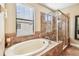 Luxurious bathroom featuring a soaking tub and separate glass-enclosed shower with attractive tile work at 20347 Chestnut Grove Dr, Tampa, FL 33647