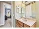 Bathroom vanity featuring a single sink, decorative mirror, and access to the bedroom at 20347 Chestnut Grove Dr, Tampa, FL 33647