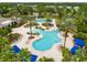 Aerial view of a large community pool featuring multiple seating areas, lush landscaping, and resort-style amenities at 20347 Chestnut Grove Dr, Tampa, FL 33647