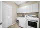 A well-lit laundry room features modern appliances, storage cabinets, and a convenient utility sink at 2527 Silverback Ct, Palm Harbor, FL 34684