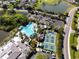 High-angle aerial view of community pool, sports courts, and common area at 2602 Novack Ct, Sun City Center, FL 33573