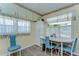 A sunny dining area showcases a round white table with blue chairs, light yellow walls and wood-look flooring at 35128 Dale Ave, Zephyrhills, FL 33541