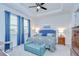 Cozy bedroom with tray ceiling, blue accent colors, carpet, and window at 3765 Maxwell Park Dr, Sun City Center, FL 33573