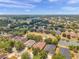 Aerial view of a suburban neighborhood featuring a community park with pond and recreation field at 4500 Fieldview Cir, Wesley Chapel, FL 33545
