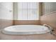 A bathroom tub surrounded with tiled walls and tile floors with window for natural light at 4500 Fieldview Cir, Wesley Chapel, FL 33545