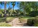 Backyard landscaping featuring a stone path, tropical plants, and mature trees at 6352 W Maclaurin Dr, Tampa, FL 33647