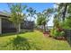 Backyard featuring green grass, screened-in patio, and well-manicured landscaping at 15615 Serengeti Blvd, Spring Hill, FL 34610